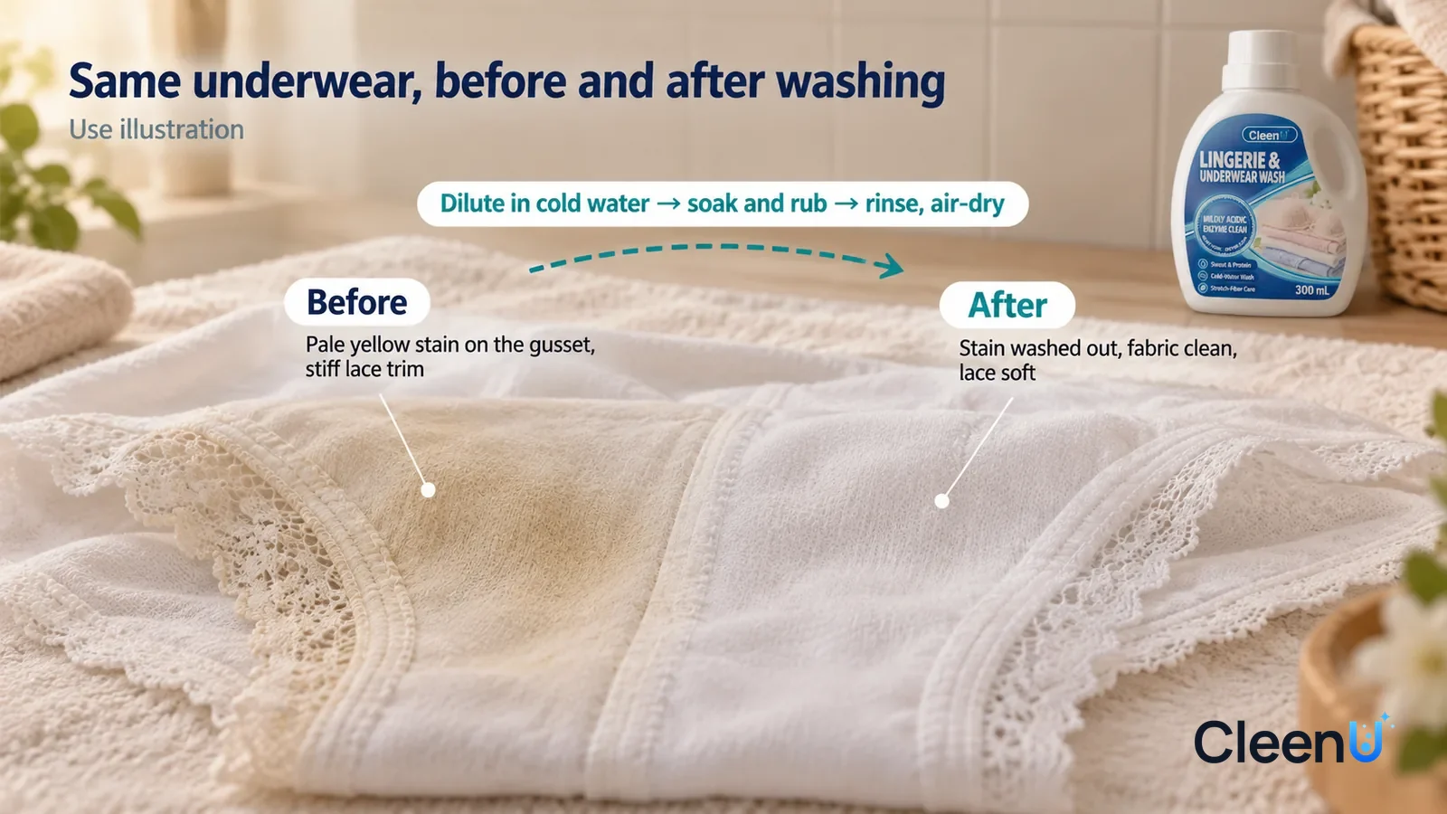 Illustration: CleenU Lingerie & Underwear Wash — A full-screen low-angle close-up of the gusset of light cotton underwear laid flat on a light towel, in the same window light
