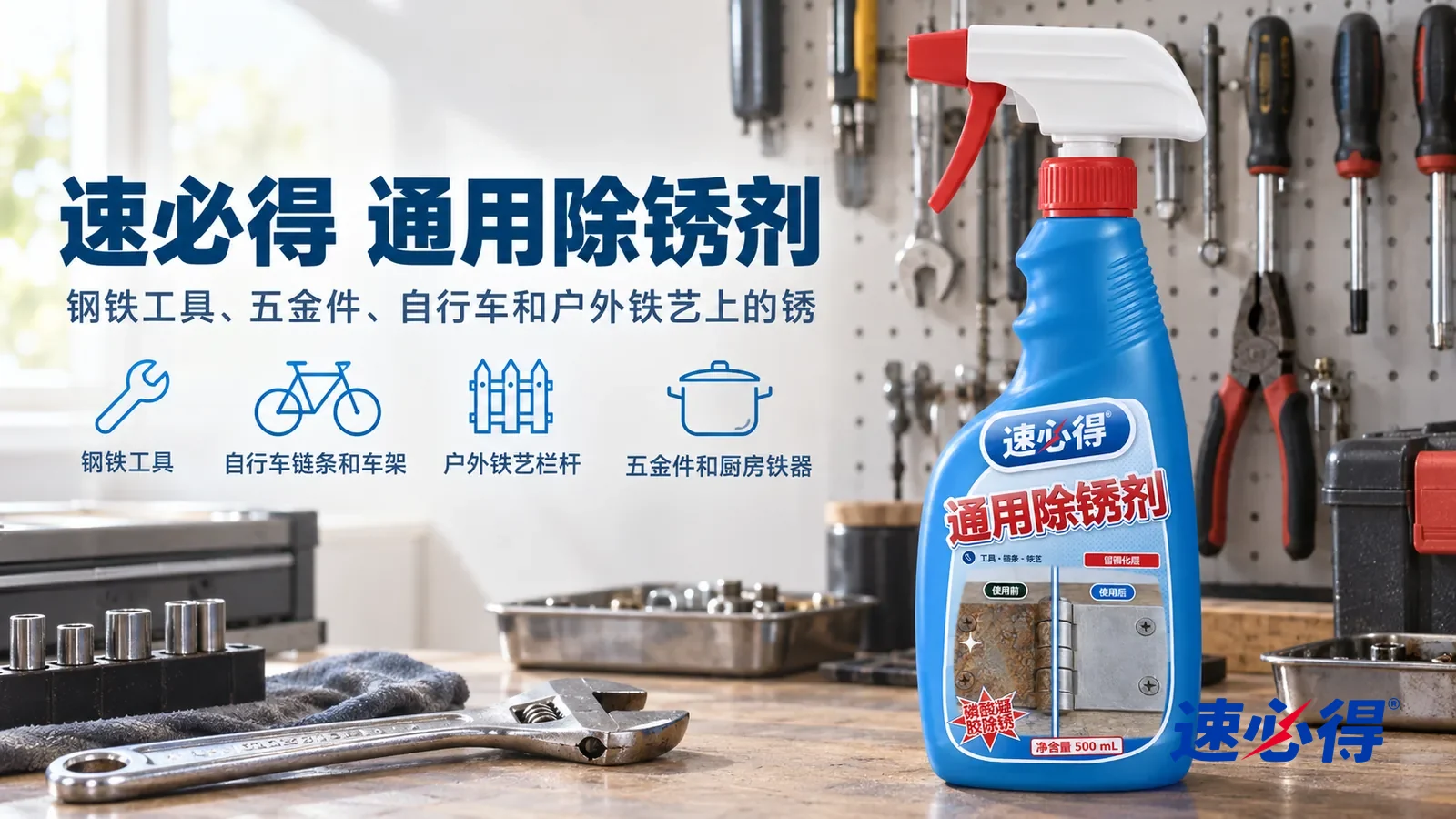 示意图：速必得通用除锈剂——一个明亮整洁的车库工作台，洞洞板上挂着一排干净的工具，台面上一把除过锈的扳手泛着淡淡油光，产品站在右侧台面上，标签正对镜头