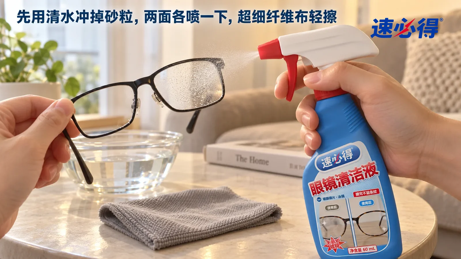 示意图：速必得眼镜清洁液——一只手捏着一副黑框眼镜（无品牌标志）的镜腿，另一只手握着本品对着镜片近距离喷一下