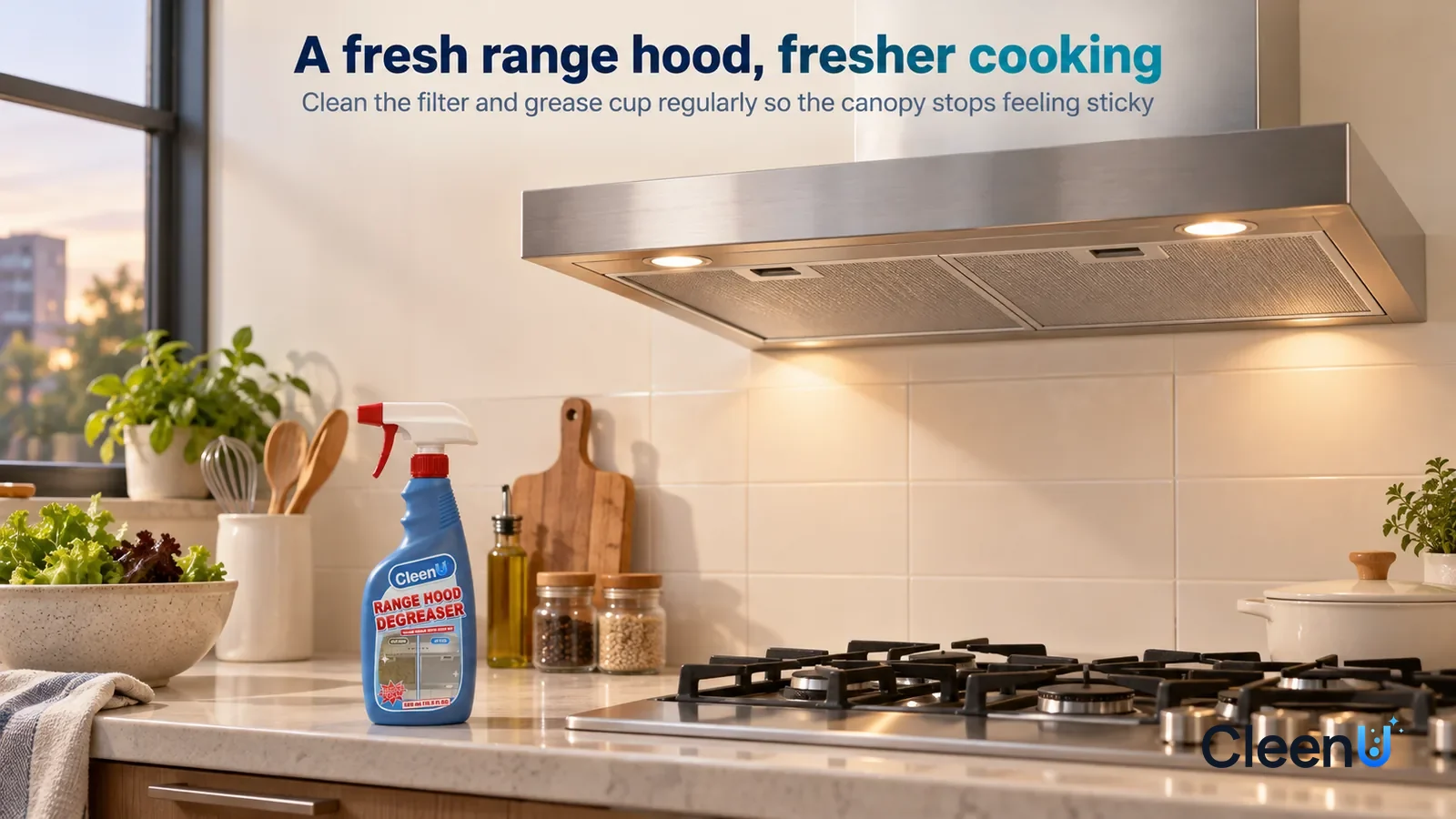 Illustration: CleenU Range Hood Degreaser — A bright evening kitchen, a clean, bright stainless-steel range hood (no brand marks), the stove below clean and tidy Headline: "A fresh range hood, fresher