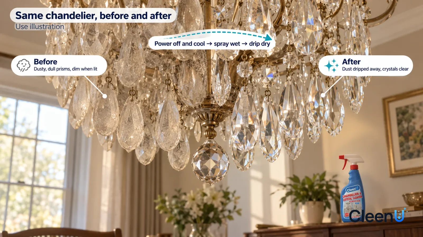 Illustration: CleenU Chandelier & Crystal Cleaner — A full-screen close-up looking up at the prisms of a switched-off crystal chandelier (no brand marks)