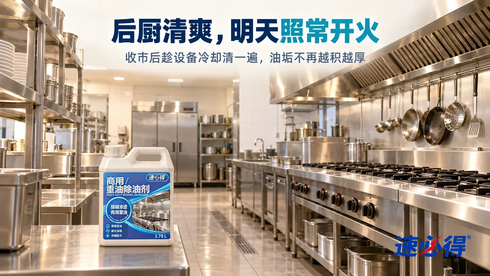 示意图：速必得商用重油除油剂——收市后的餐厅后厨，一排不锈钢灶台和操作台干净光亮，地砖拖净发亮，排烟罩下一排挂好的锅勺，标题“后厨清爽，明天照常开火”