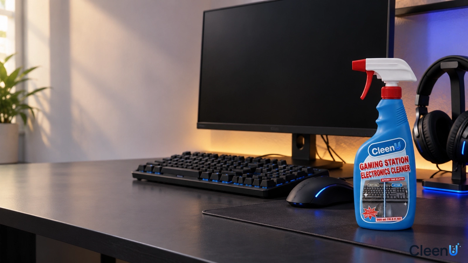 Illustration: A blue cleaner bottle on a computer desk beside a monitor, black keyboard and headphones.