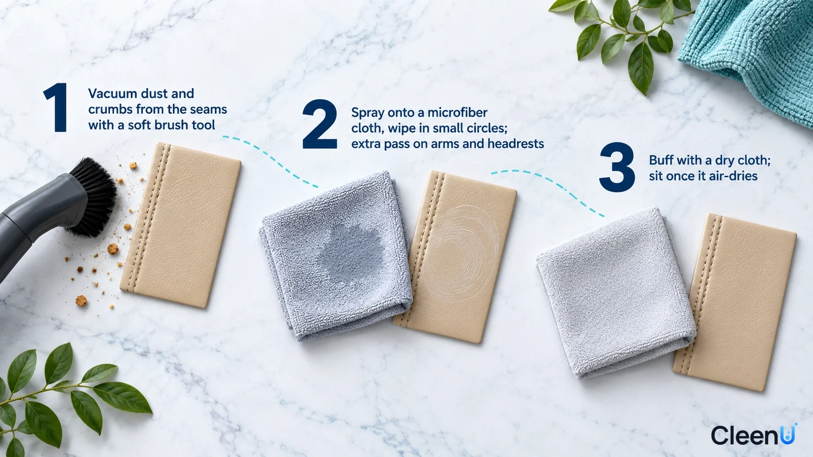 Illustration: A vacuum brush, leather samples and gray and white cloths with numbered steps.