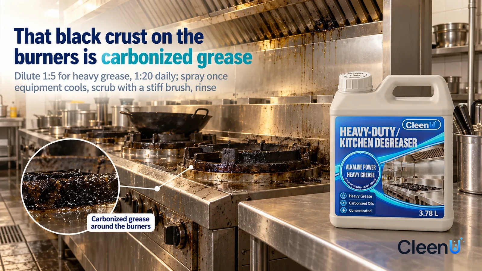 Illustration: CleenU Heavy-Duty Kitchen Degreaser — A restaurant kitchen after closing, a row of stainless-steel commercial wok ranges turned off and cooled; in raking side light, a black Headline: "T