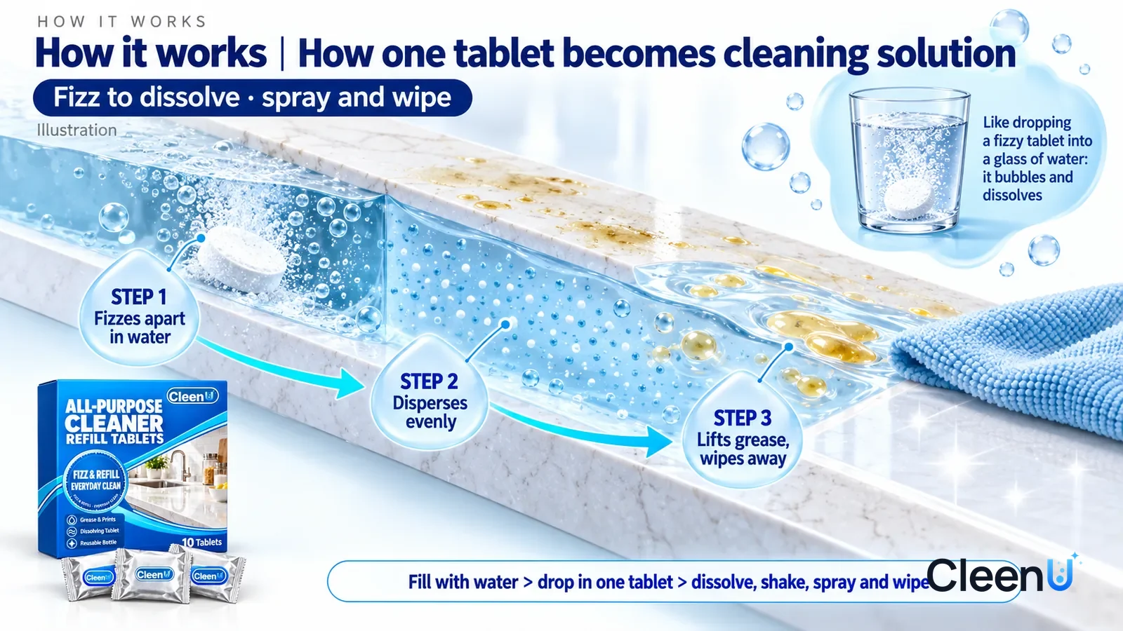 Illustration: CleenU All-Purpose Cleaner Refill Tablets — an enormously magnified slice of a white countertop runs diagonally from upper left to lower right; on the upper left a white tablet sinks i