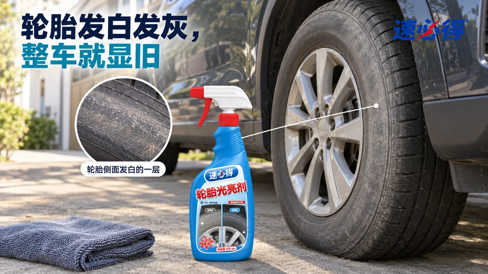 示意图：速必得轮胎光亮剂——家门口的车道，一辆刚洗干净、车身还带着光泽的家用 SUV（无车标、无车牌号码），侧光斜照下前轮轮胎侧面发白发灰、没有光泽