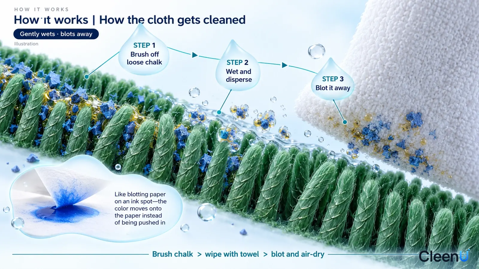 Illustration: Green fabric fiber cross-sections, blue particles, drops and arrows.