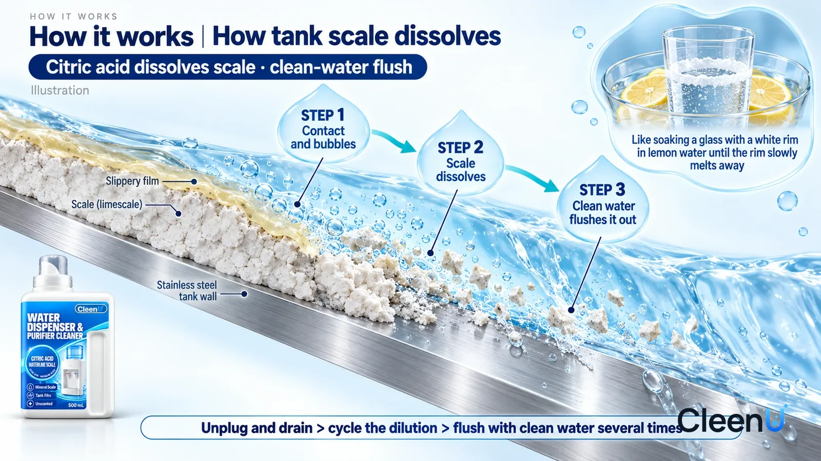 Illustration: CleenU Water Dispenser & Purifier Cleaner — an enormously magnified slice of a dispenser's stainless-steel tank wall runs diagonally from upper left to lower right; on the left the inn