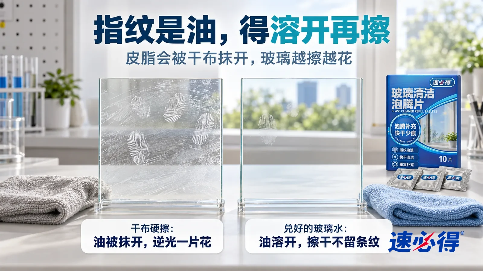 示意图：速必得玻璃清洁泡腾片——白色测试台上并排立着两块同样的透明玻璃样板，都印着一样的指纹和小手印，标题“指纹是油，得溶开再擦”
