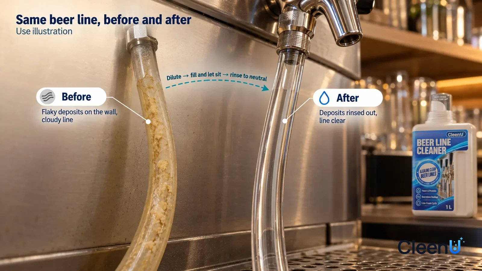 Illustration: CleenU Beer Line Cleaner — A full-screen low-angle close-up of a length of clear beer line running up from under the bar and a plain stainless-steel faucet
