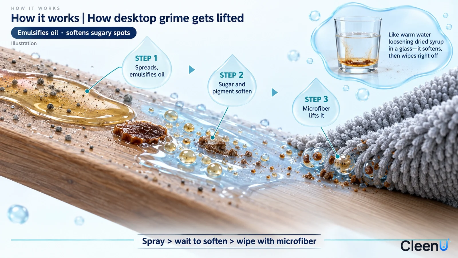 Illustration: A wooden desktop cross-section, brown oily particles, drops and a gray cloth.