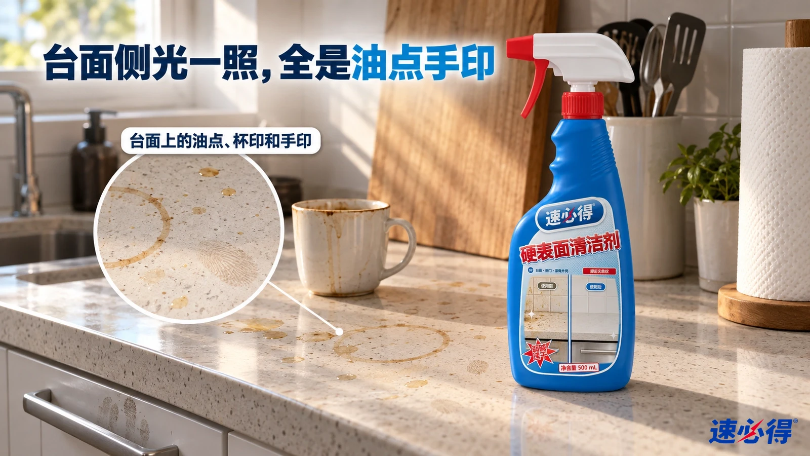 示意图：厨房浅色台面上的油点、杯印和手印，旁边有蓝色喷瓶。