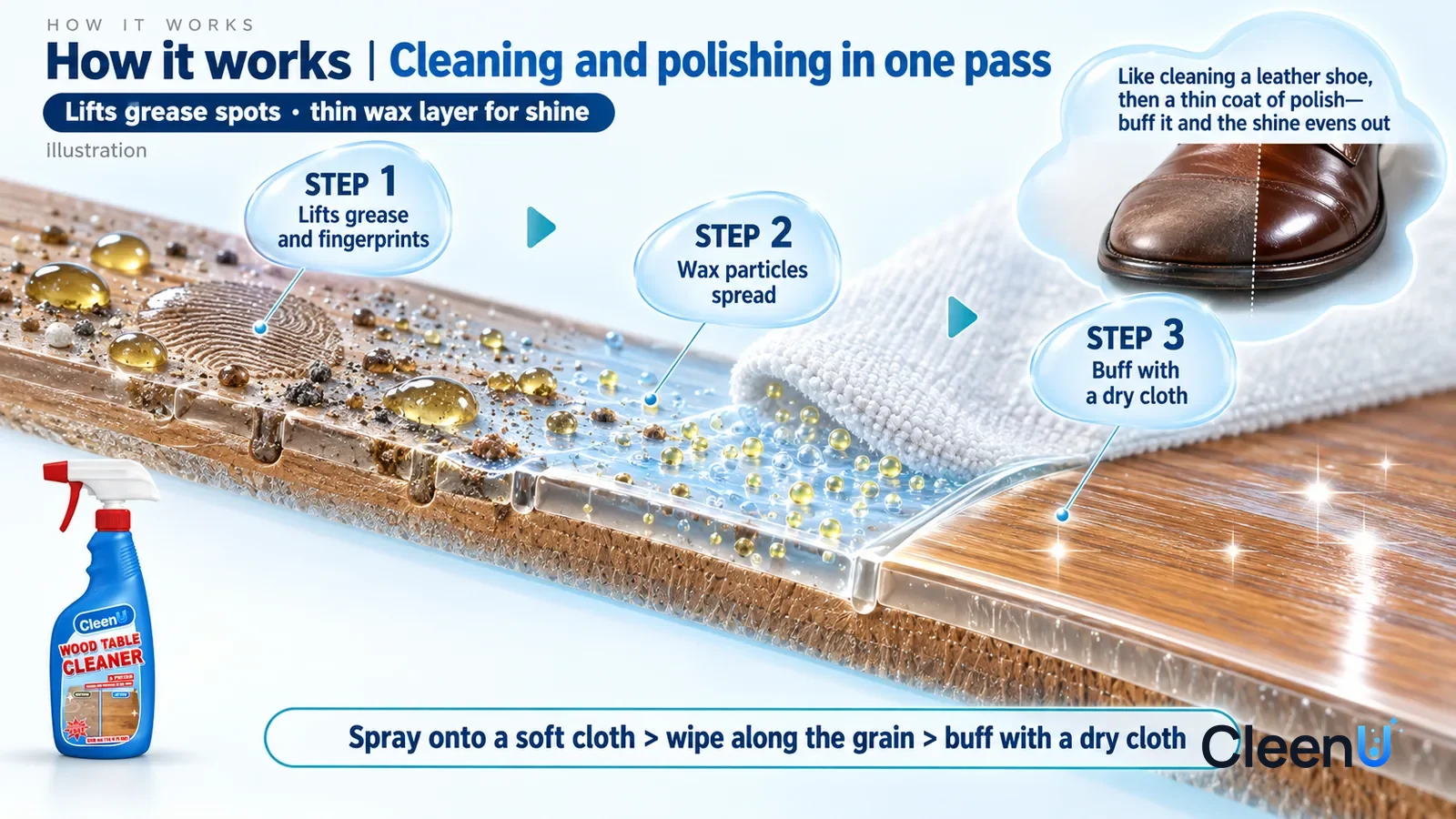 Illustration: CleenU Wood Table Cleaner & Polish — an enormously magnified cross-section of a sealed solid-wood tabletop runs diagonally from upper left to lower right; on the left