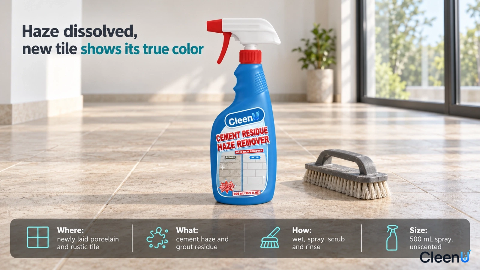 Illustration: A blue cleaner bottle and floor brush on light tiles in a bright room.