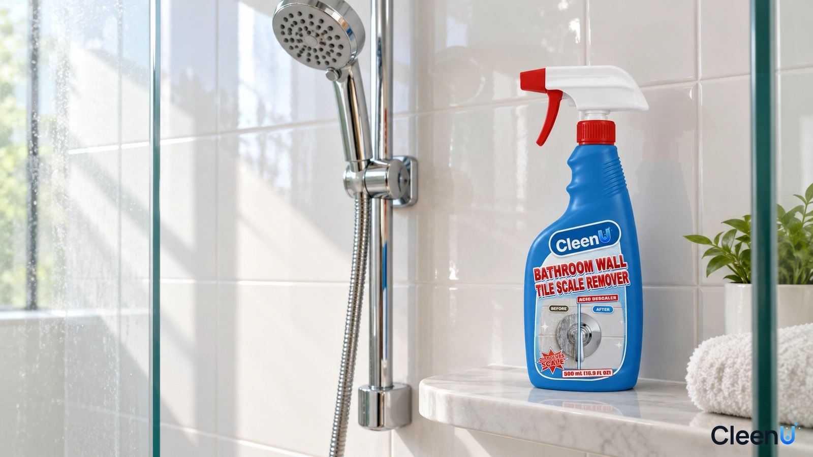 Illustration: A blue cleaner bottle on a shelf against a bright shower wall.
