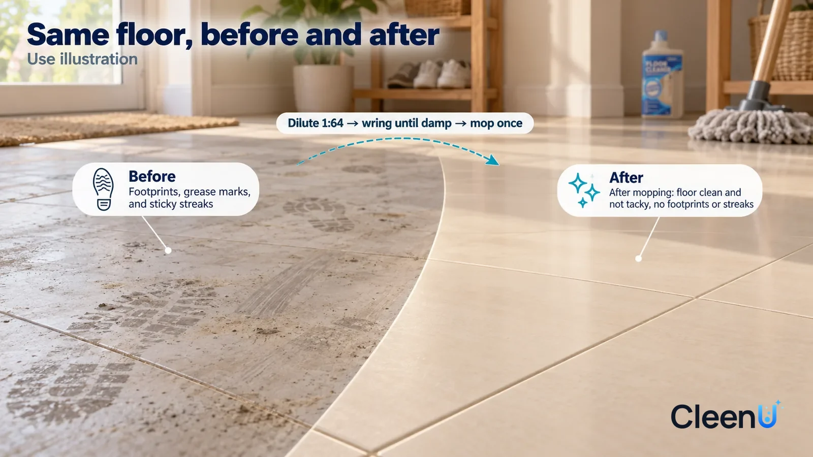 Illustration: CleenU Floor Cleaner Concentrate — A full-screen low-angle close-up of a light tile floor in side window light, no bottle: the untreated side is covered in grey footprints
