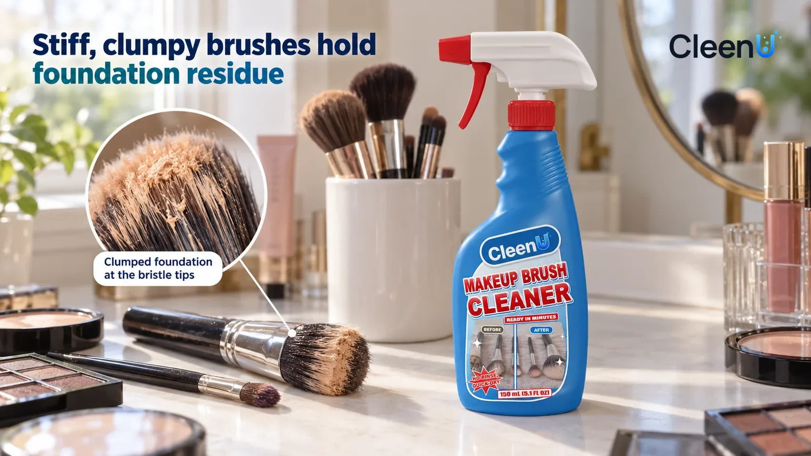 Illustration: CleenU Makeup Brush Cleaner — An everyday bedroom vanity, a white brush cup holding several makeup brushes (no brand marks)