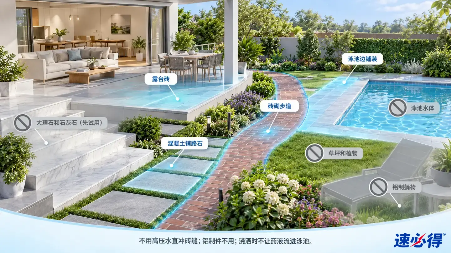 示意图:庭院露台、泳池边和砖石步道被突出显示,旁列材质注意事项。