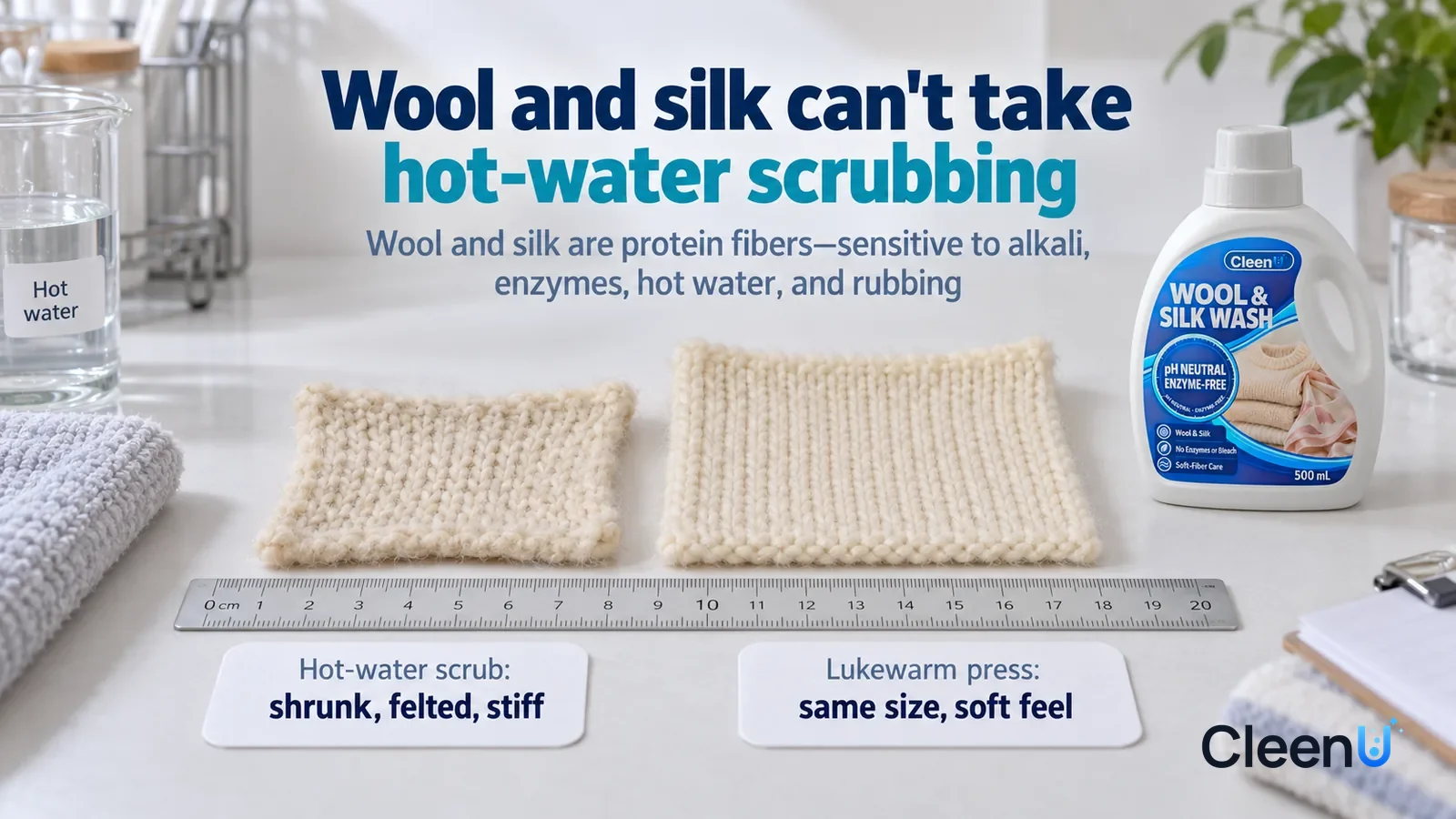 Illustration: CleenU Wool & Silk Wash — A landscape medium close-up of a small experiment in a cleaning lab: two cream wool knit swatches that started the same size lie flat side b Headline: "Wool and