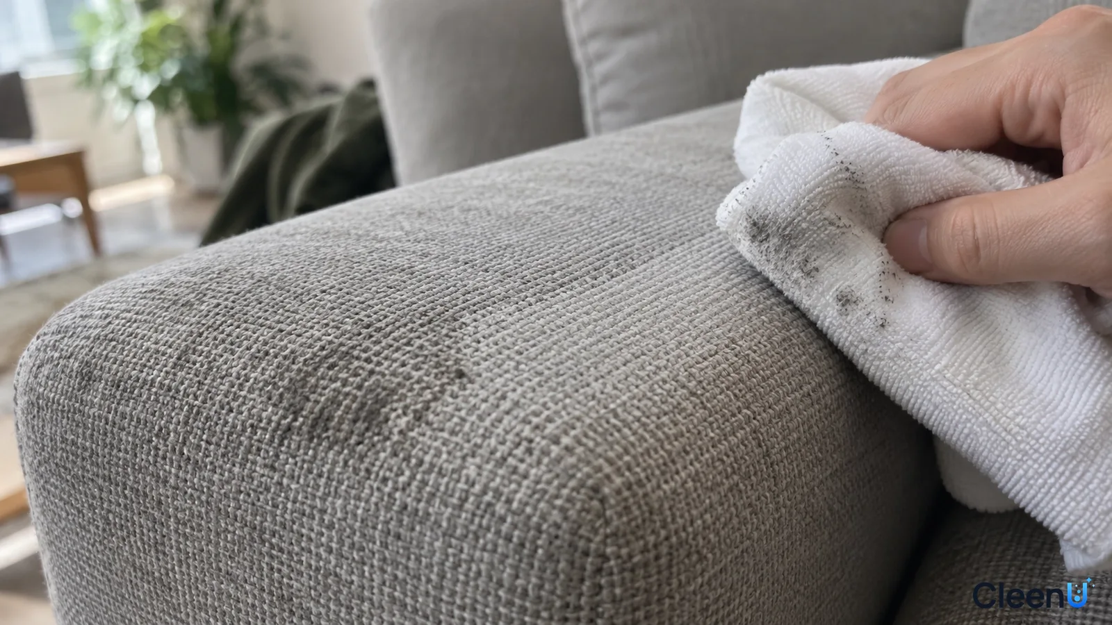 Illustration: A hand wiping a dark mark on a gray sofa arm with a white cloth.