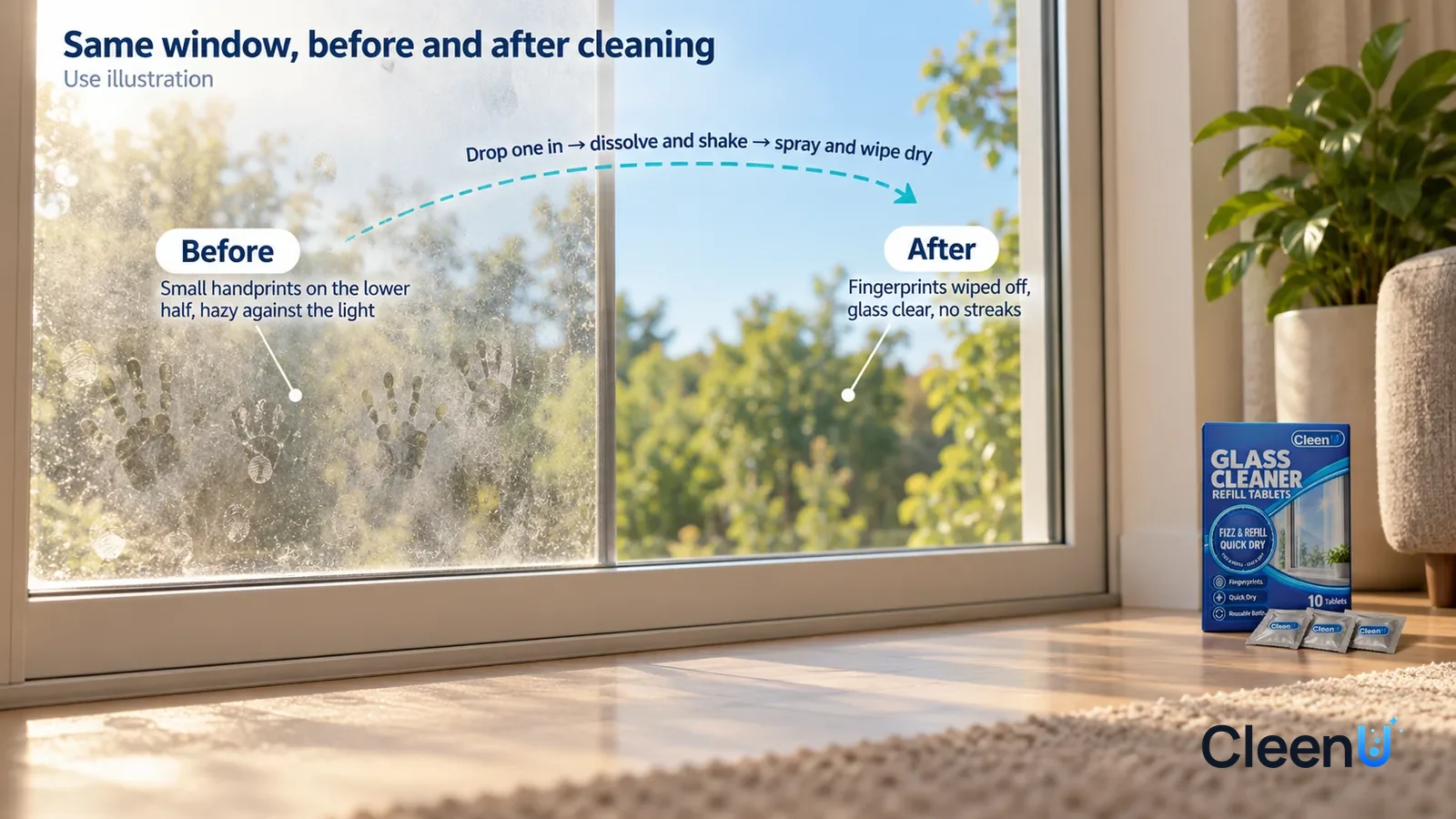 Illustration: CleenU Glass Cleaner Refill Tablets — A full-screen low-angle close-up of the lower half of a living-room floor-to-ceiling window against the light: the untreated side is covered