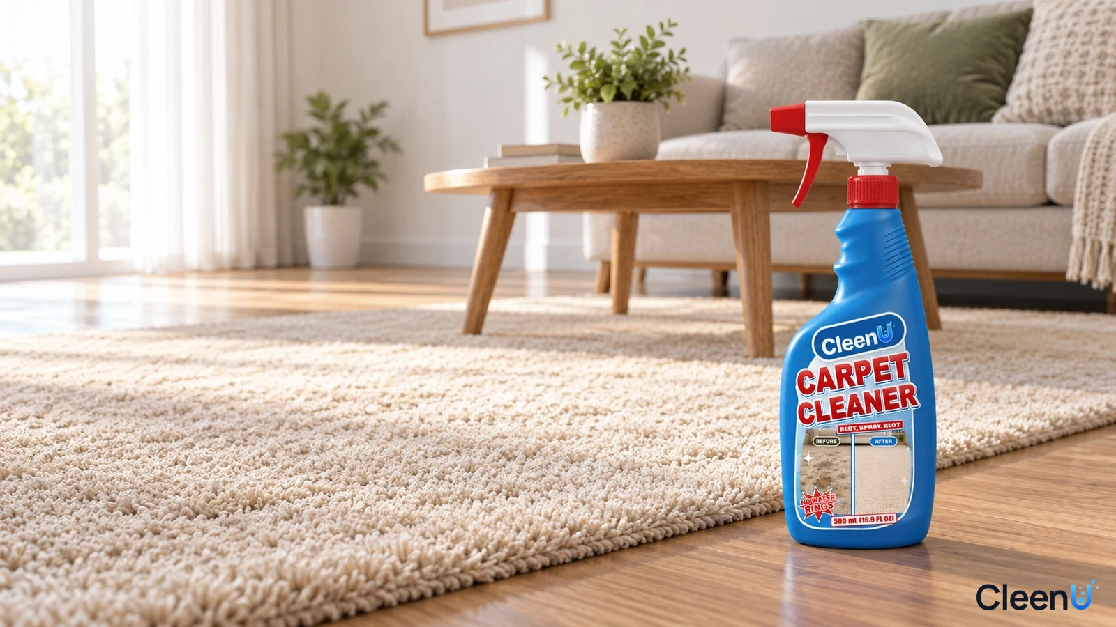 Illustration: A blue cleaner bottle beside a light rug in a bright living room.