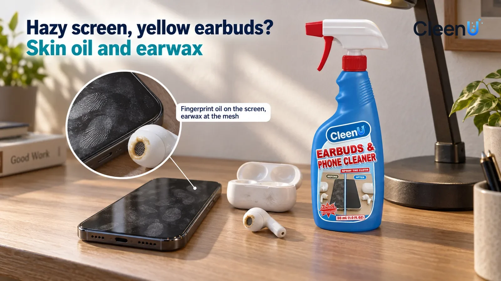 Illustration: CleenU Earbuds & Phone Cleaner — An everyday wooden desk; in raking side light a powered-off generic phone (no logo) lies flat with fingerprints and skin-oil marks clearly v