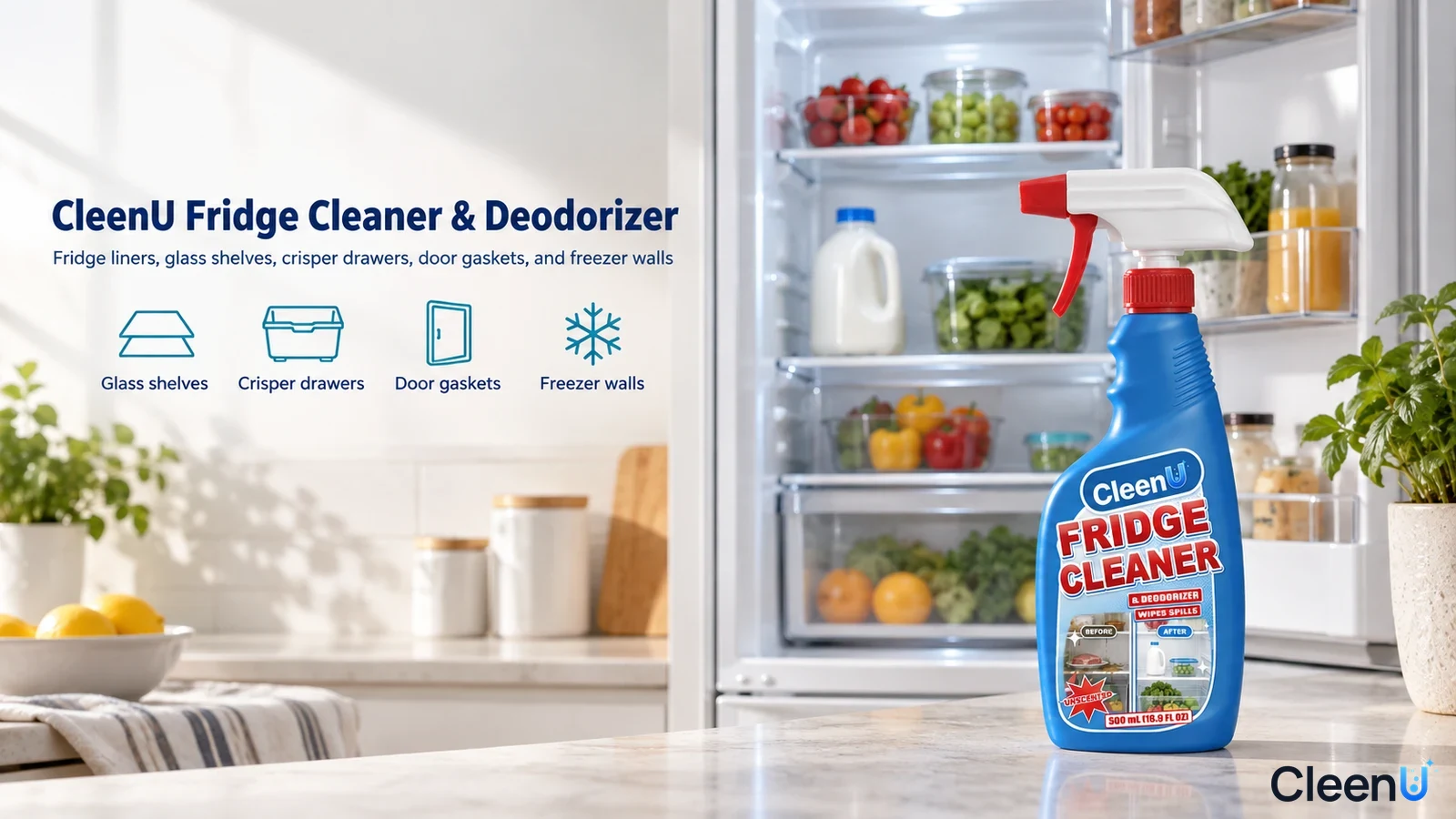 Illustration: A blue cleaner bottle beside an open refrigerator with use icons.