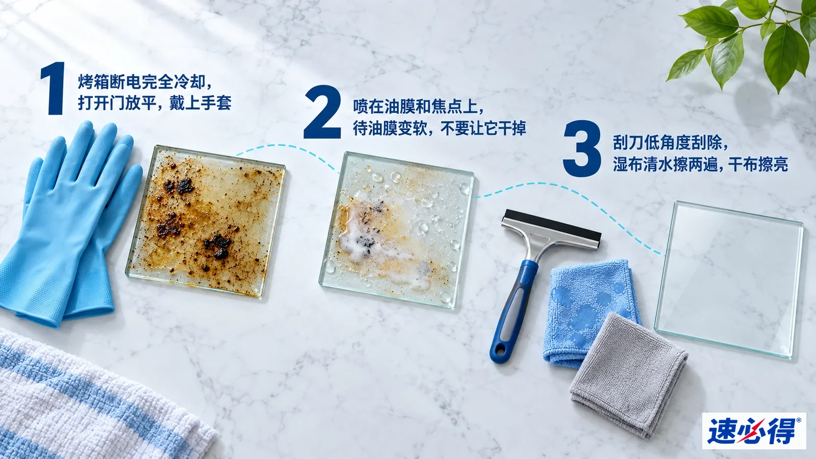示意图：防护手套、带油膜的玻璃样片、刮刀和布，配有编号步骤。