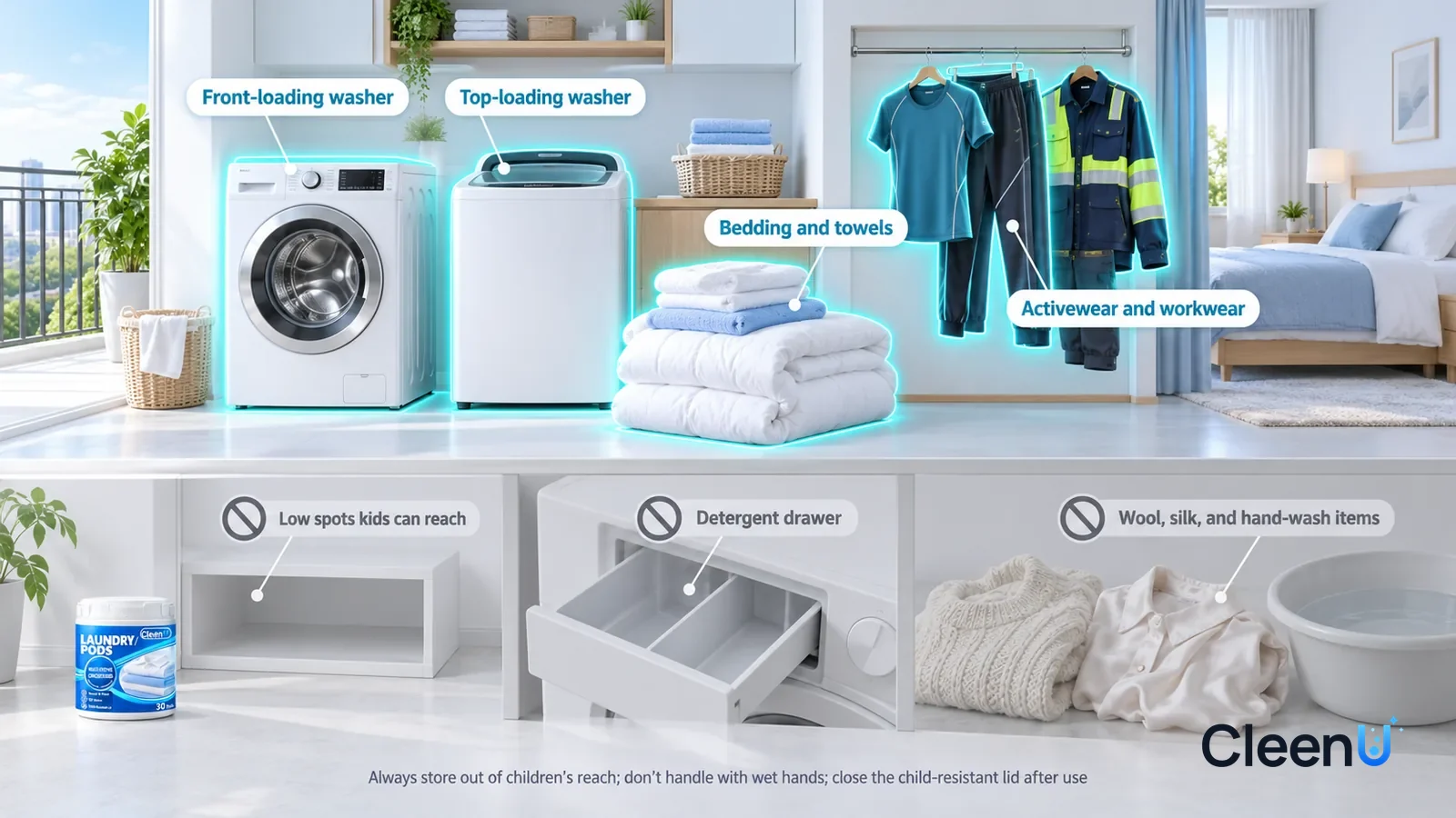 Illustration: CleenU Laundry Pods — A realistic 3D cutaway of a bright home's laundry room, balcony, and bedroom, one continuous space from one viewpoint