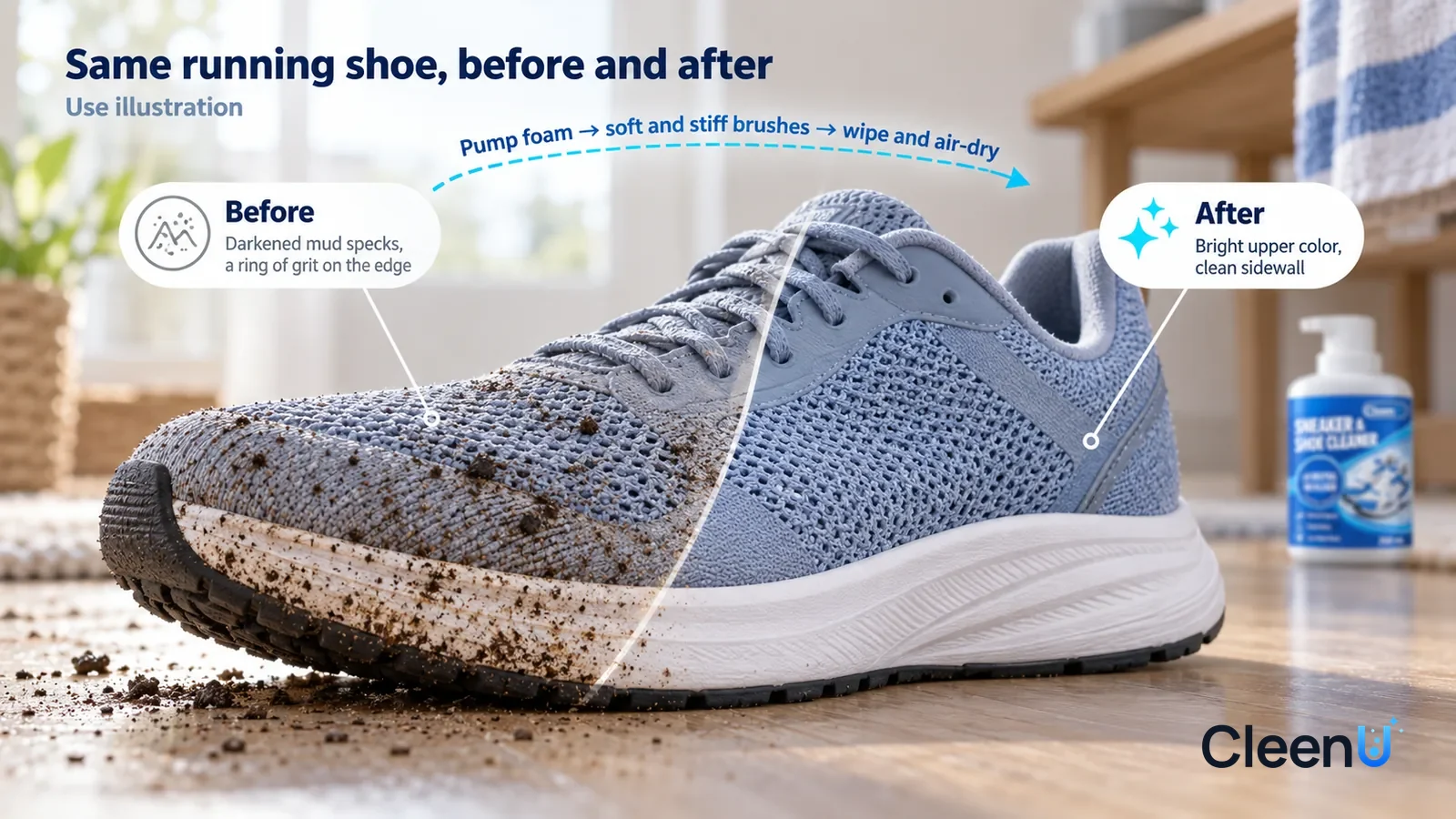 Illustration: CleenU Sneaker & Shoe Cleaner — A full-screen low-angle close-up of the side of a grey-blue knit running shoe (no brand marks) in the same window light