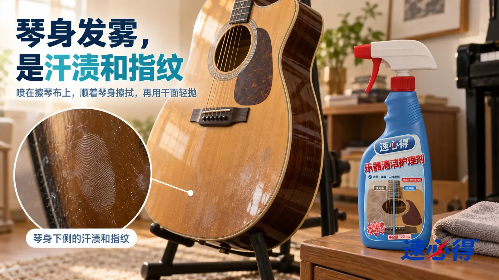 示意图:速必得乐器清洁护理剂——一个家里的琴房角落,一把亮光漆木吉他(无品牌标志)立在琴架上,侧光斜照下琴身下侧和面板边缘一片片发雾的汗渍和指纹清楚可见;产品站在旁边的矮柜,标题“琴身发雾,是汗渍和指纹”