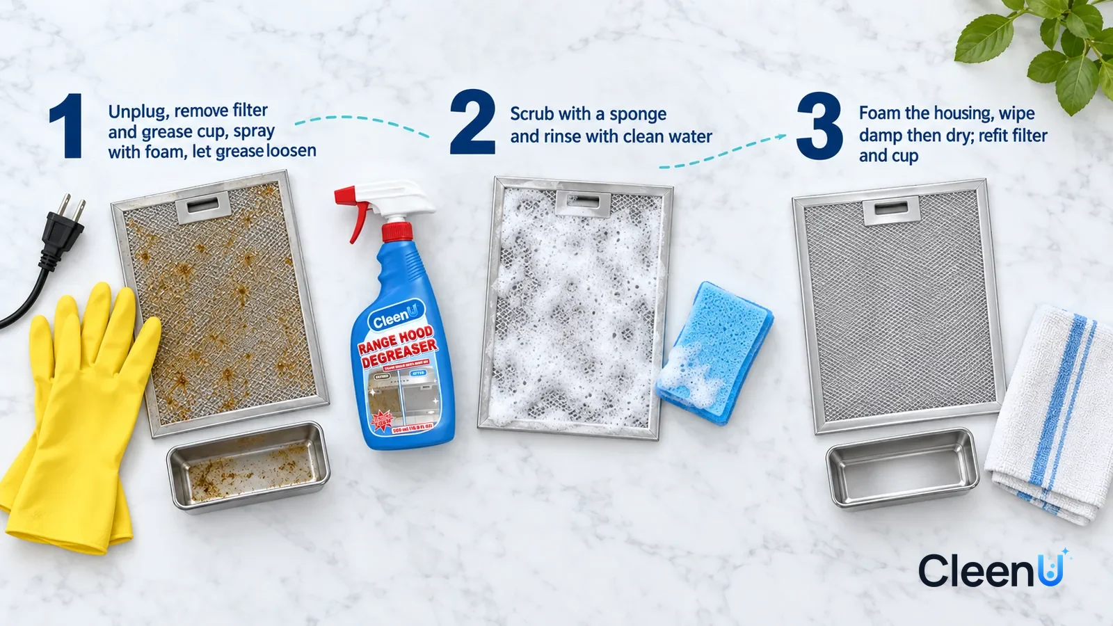 Illustration: CleenU Range Hood Degreaser — an overhead shot straight down onto a light marble tabletop, no hands: (1) an unplugged power plug and a pair of rubber gloves