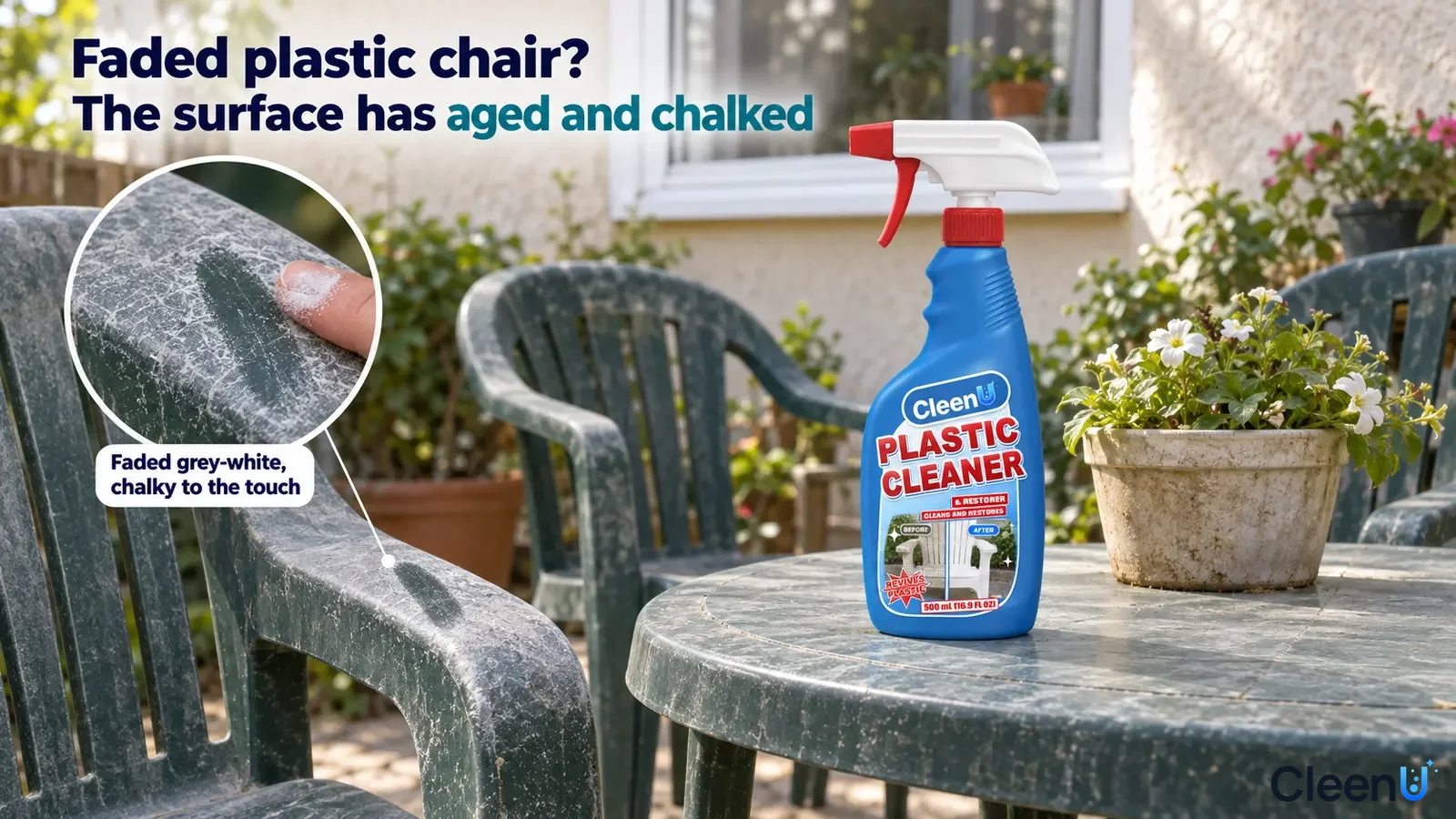Illustration: A chalky gray-white surface on a green plastic garden chair beside a blue cleaner bottle.