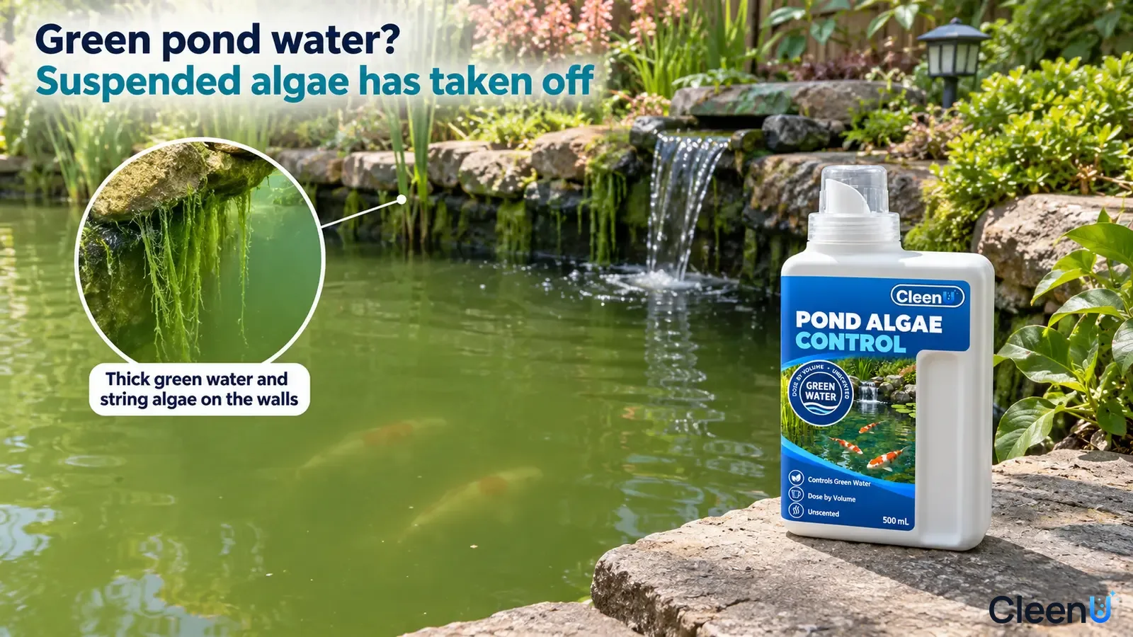 Illustration: Green garden-pond water beside rocks, a waterfall and white treatment bottle.