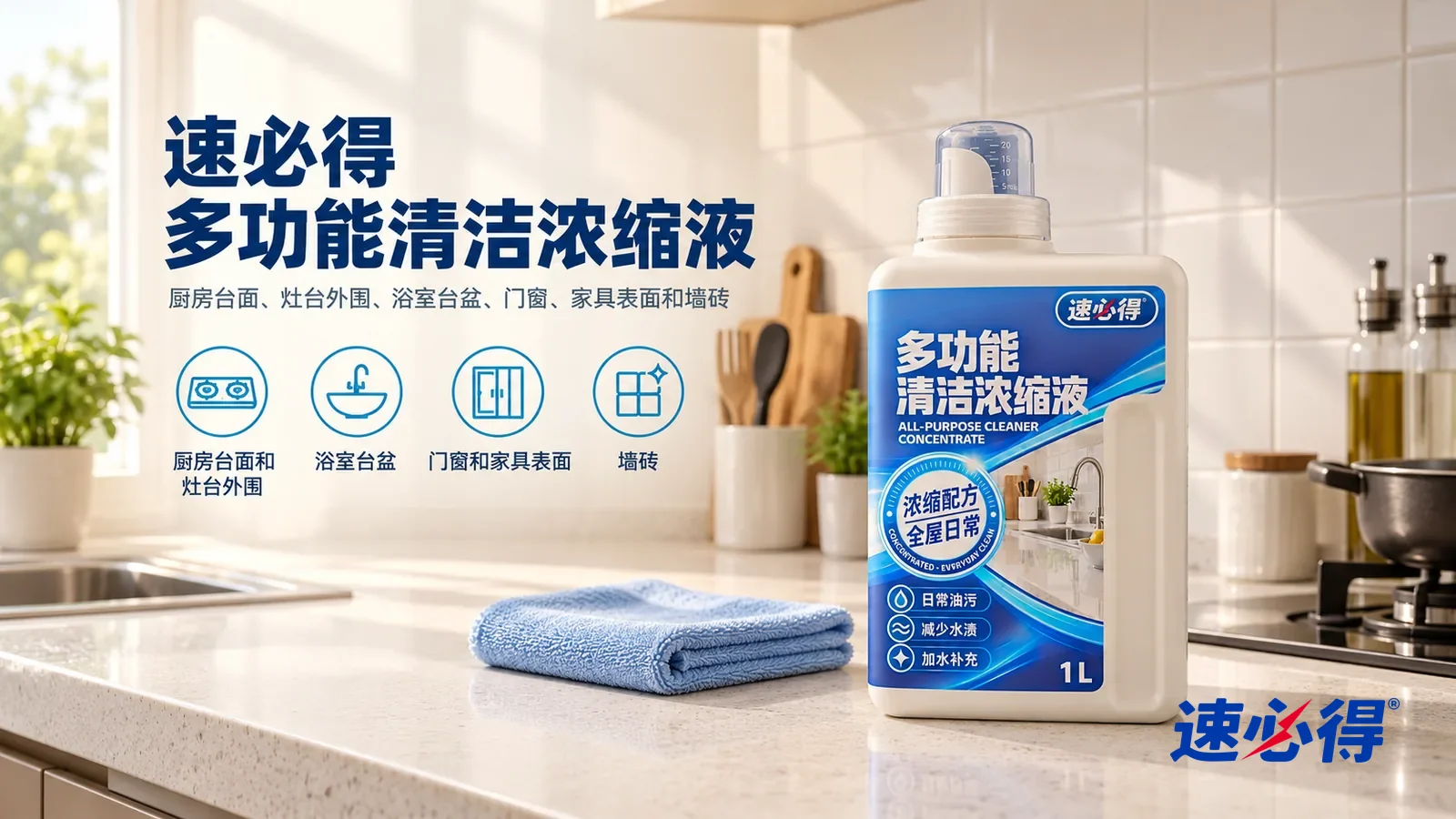 示意图:速必得多功能清洁浓缩液——保持同一厨房的白色石英石台面、白色釉面墙砖、浅蓝超细纤维布;只表现日常薄油膜,不变成重油垢