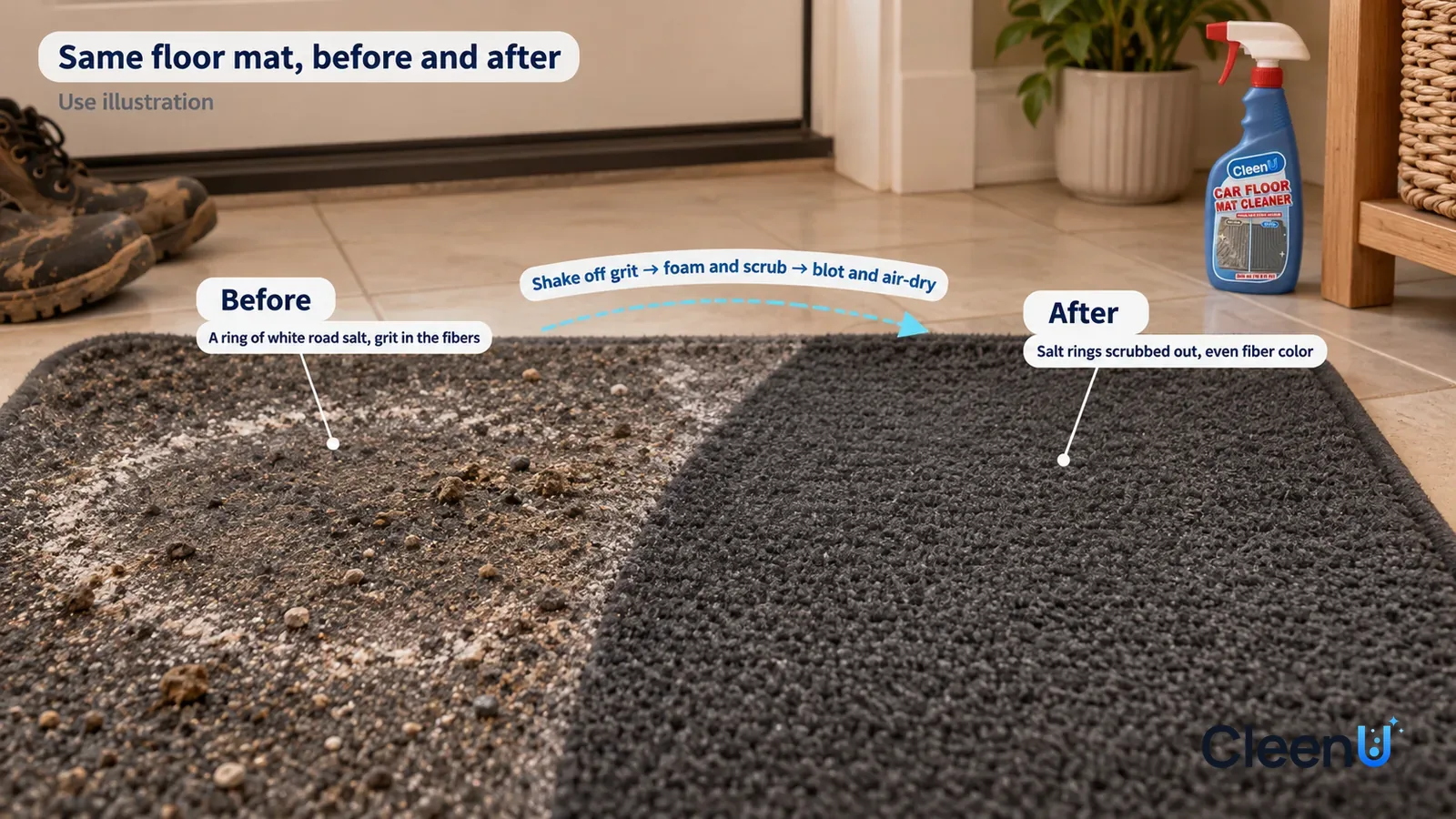 Illustration: CleenU Car Floor Mat Cleaner — A full-screen low-angle close-up of a dark grey carpet floor mat in the same raking light
