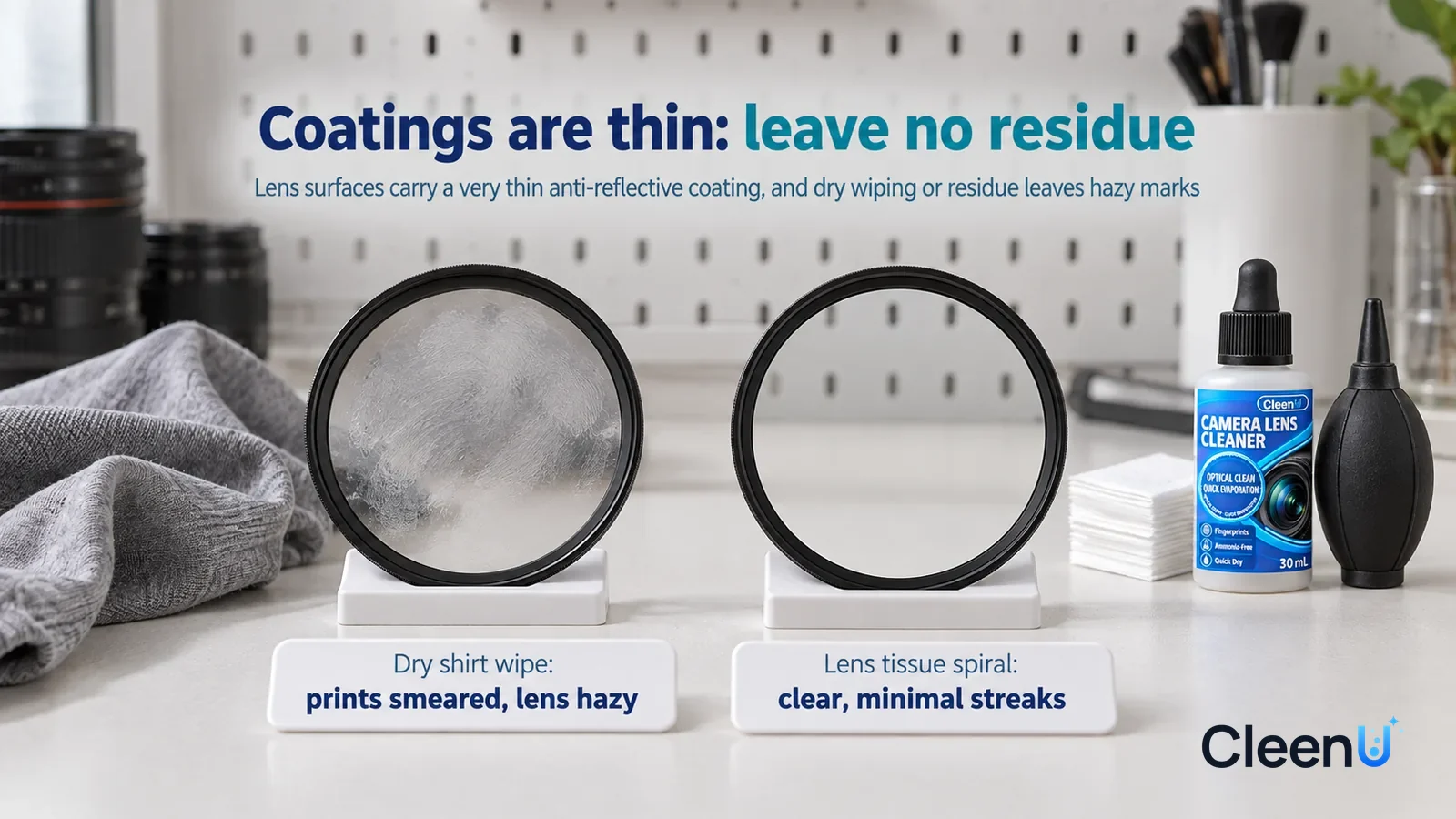 Illustration: CleenU Camera Lens Cleaner — A landscape medium close-up of a small experiment in a cleaning lab: two small white stands side by side on a white test bench Headline: "Coatings are thin: