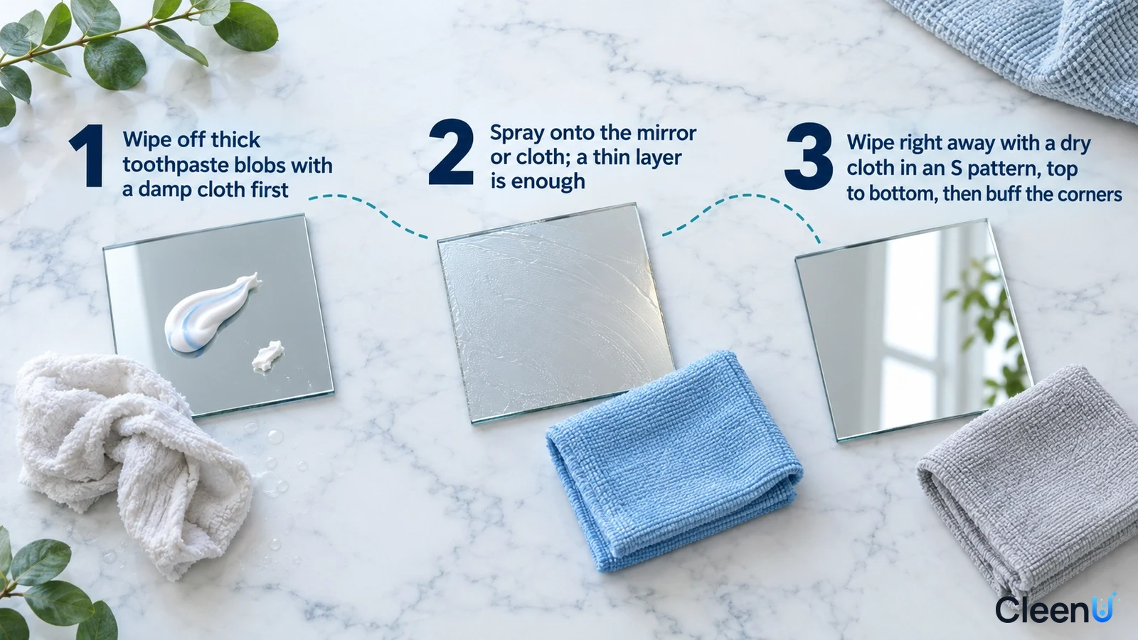 Illustration: Mirror samples, toothpaste, tissues and blue and gray cloths with numbered cleaning steps.