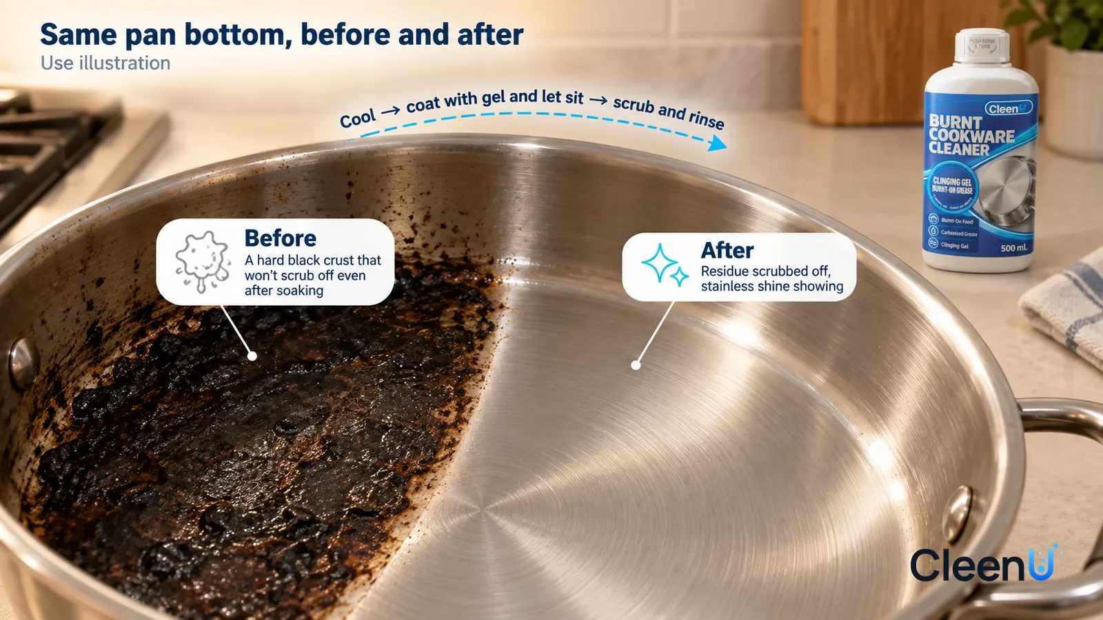 Illustration: CleenU Burnt Cookware Cleaner — A full-screen low-angle close-up of the inside bottom of a stainless-steel stockpot (no brand marks), in the same side light