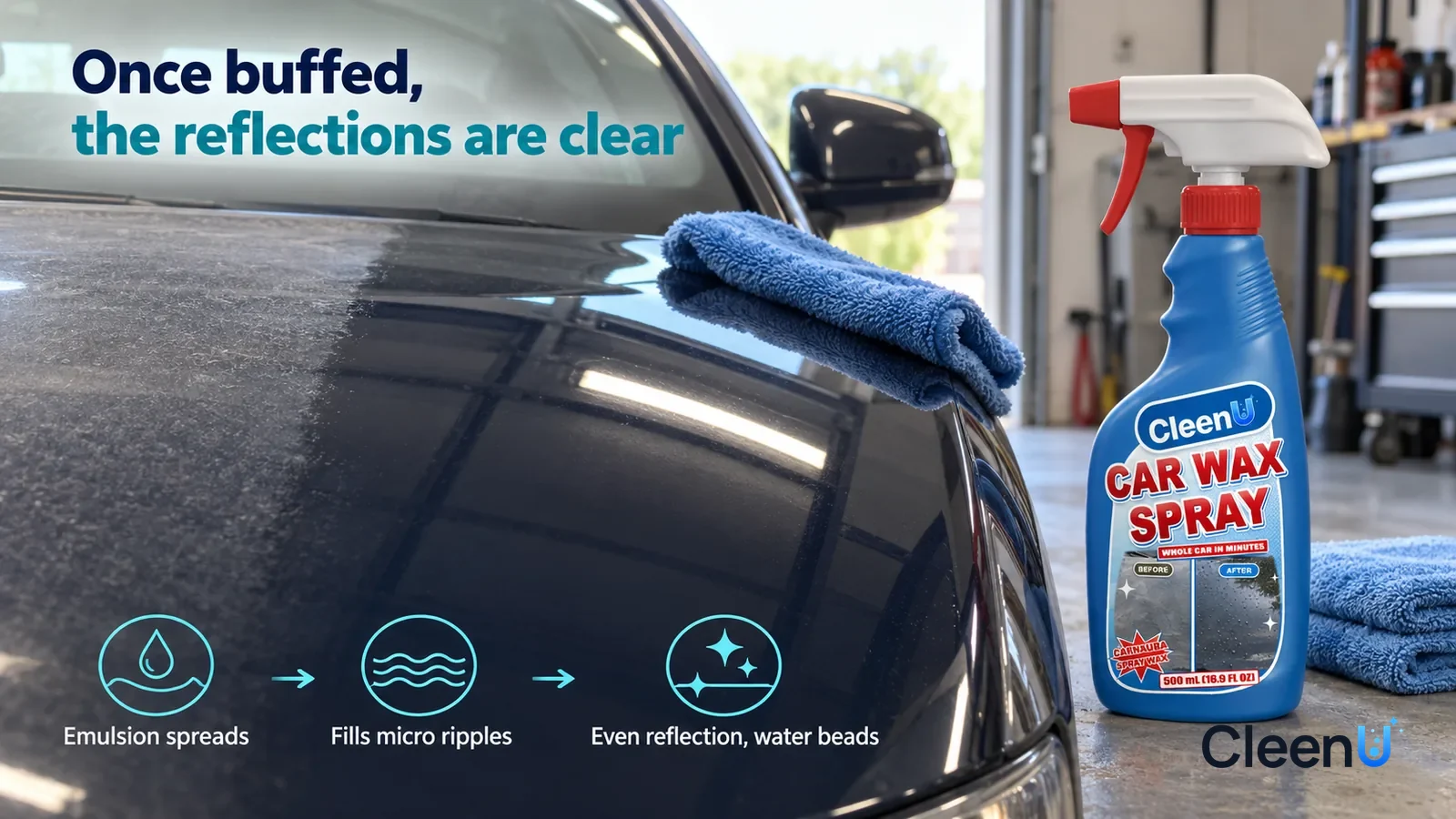 Illustration: CleenU Car Wax Spray — a blue microfiber towel has just made one pass, the wiped strip deep and glossy with a clear reflection of the ceiling light