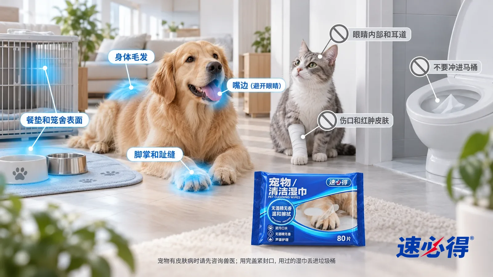 示意图：速必得宠物清洁湿巾——一张写实 3D 剖面实景图，一套明亮的家的玄关、客厅、餐厅和卫生间区域，连续空间、一个视角：一只浅金色中型犬的脚掌、背上毛发、嘴边