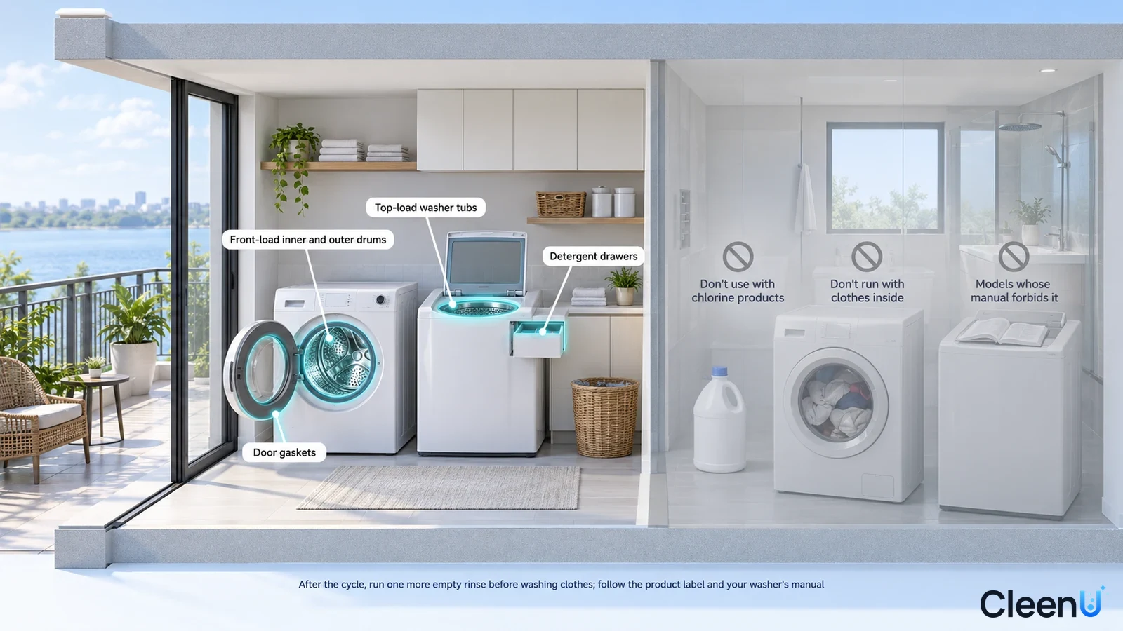 Illustration: Highlighted washing machines, drums, door gaskets and detergent drawers beside equipment precautions.