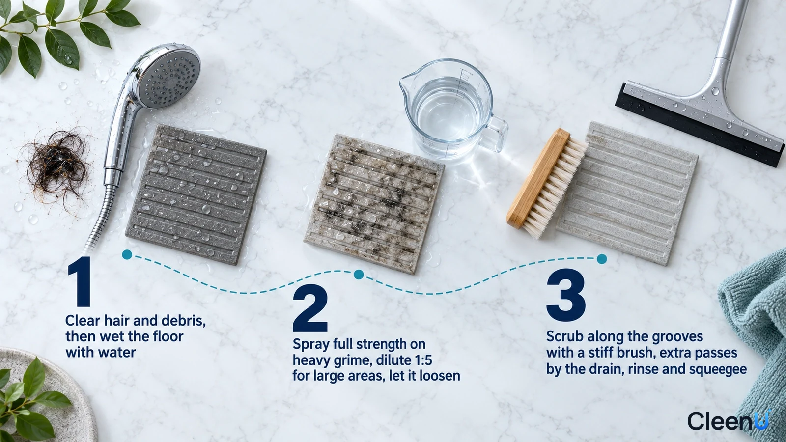 Illustrated numbered steps with hair and debris, a shower head, tile samples, a brush and a squeegee.
