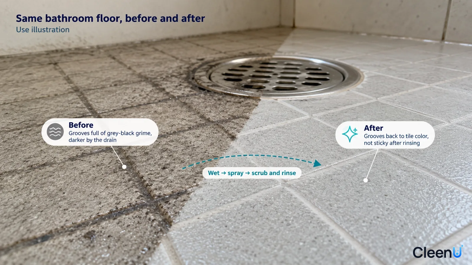 Illustrated comparison of grimy and cleared tile grooves beside a drain; not a measured cleaning test.