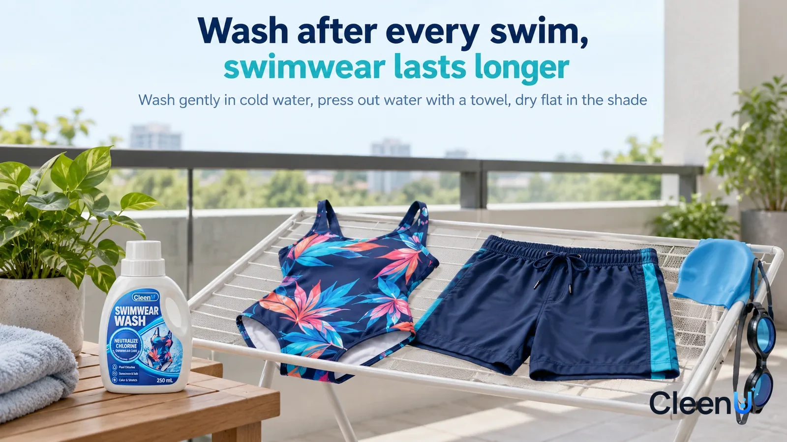 Illustration: CleenU Swimwear Wash — A bright, airy corner of a balcony, a dark printed one-piece swimsuit and a pair of swim trunks laid flat on a white mesh drying rack in the Headline: "Wash after