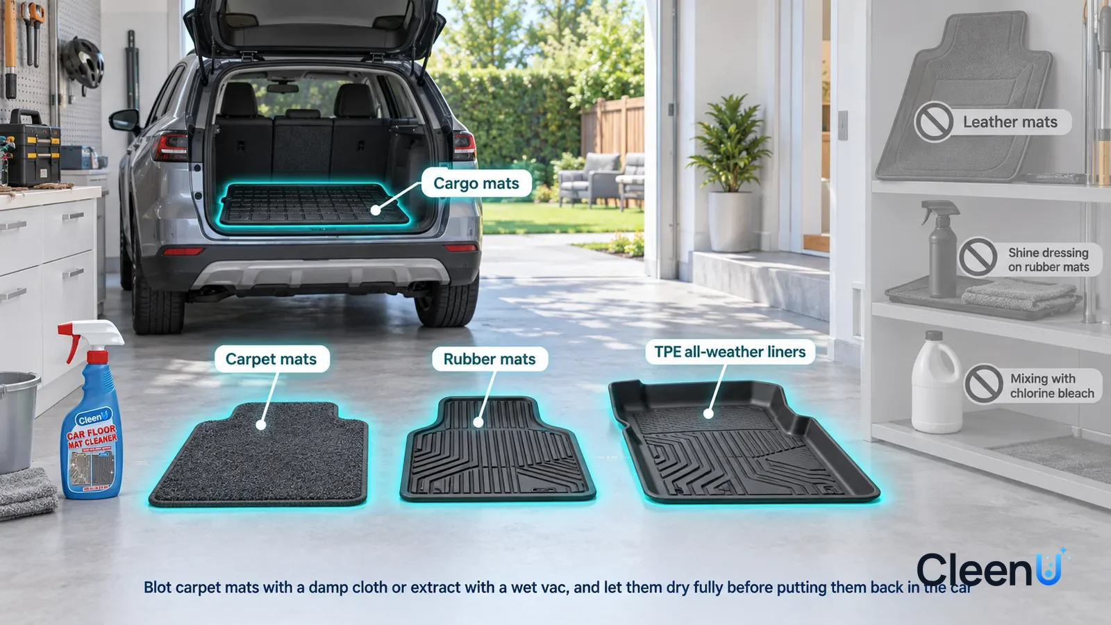 Illustration: CleenU Car Floor Mat Cleaner — A realistic 3D cutaway of a bright home's garage and backyard, one continuous space from one viewpoint, a carpet mat, a rubber mat