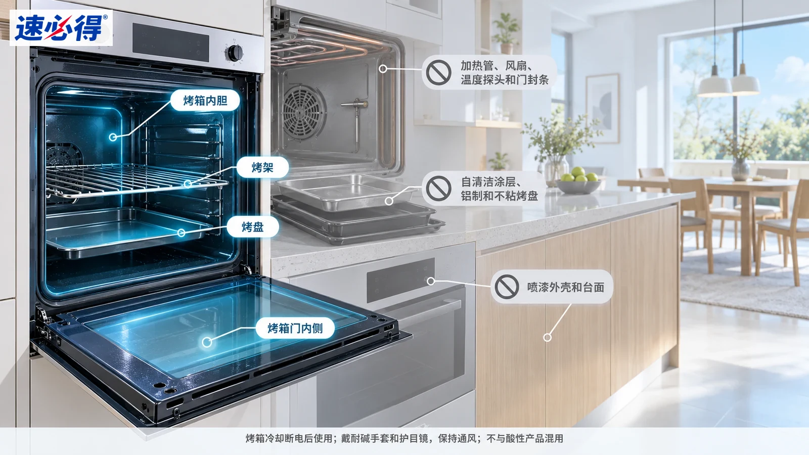 示意图：烤箱内腔、烤架、烤盘及门内侧被突出显示，旁列部件注意事项。