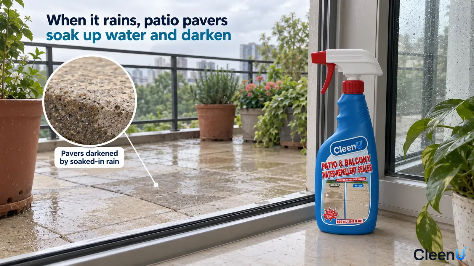 Illustration: Rain-darkened patio pavers and potted plants beside a blue sealer spray bottle.